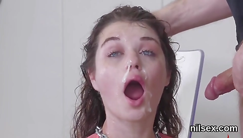 Slutty blonde swallows cum